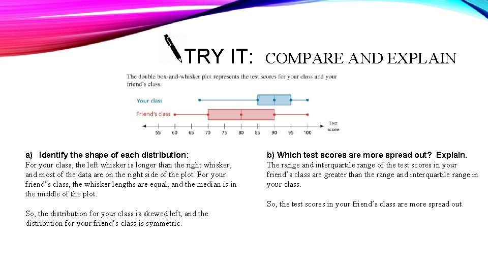 TRY IT: a) Identify the shape of each distribution: For your class, the left