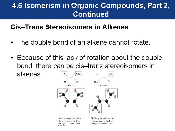 4. 6 Isomerism in Organic Compounds, Part 2, Continued Cis–Trans Stereoisomers in Alkenes •