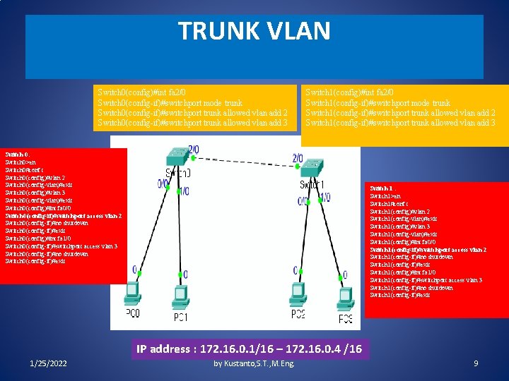 TRUNK VLAN Switch 0(config)#int fa 2/0 Switch 0(config-if)#switchport mode trunk Switch 0(config-if)#switchport trunk allowed