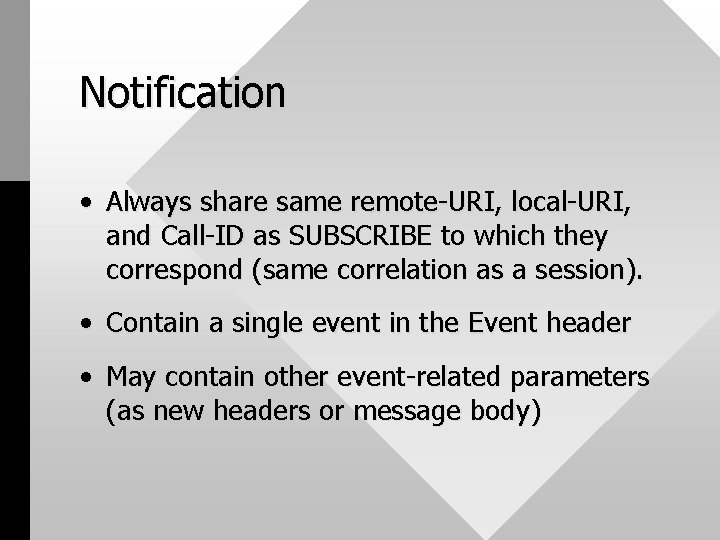 Notification • Always share same remote-URI, local-URI, and Call-ID as SUBSCRIBE to which they