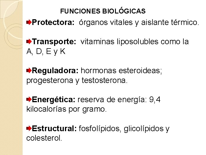 FUNCIONES BIOLÓGICAS Protectora: órganos vitales y aislante térmico. Transporte: vitaminas liposolubles como la A,