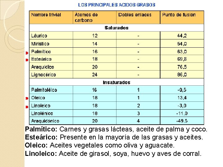 Palmítico: Carnes y grasas lácteas, aceite de palma y coco. Esteárico: Presente en la