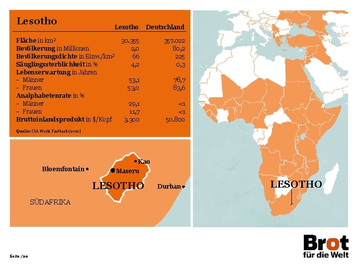 Lesotho Fläche in km² Bevölkerung in Millionen Bevölkerungsdichte in Einw. /km² Säuglingssterblichkeit in %