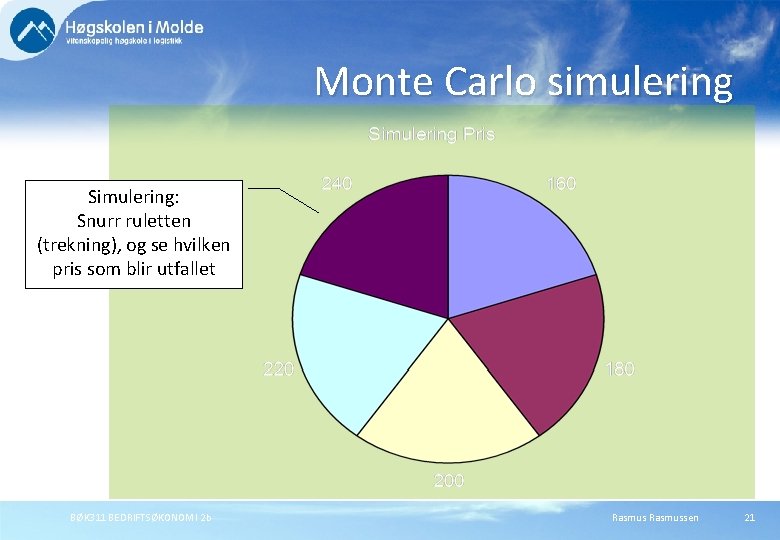 Monte Carlo simulering Simulering: Snurr ruletten (trekning), og se hvilken pris som blir utfallet