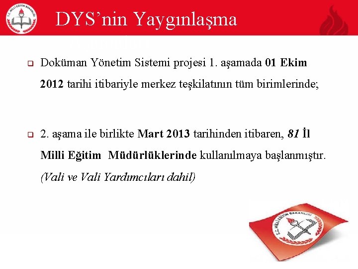 DYS’nin Yaygınlaşma Aşamaları q Doküman Yönetim Sistemi projesi 1. aşamada 01 Ekim 2012 tarihi