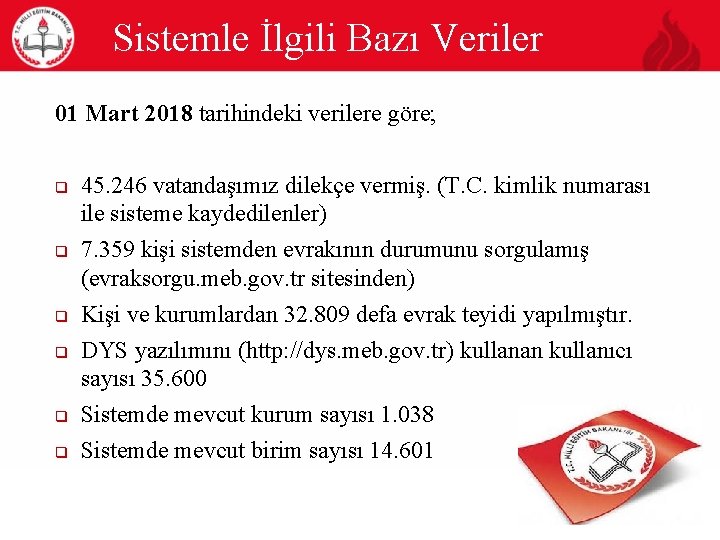 Sistemle İlgili Bazı Veriler 01 Mart 2018 tarihindeki verilere göre; q q q 45.