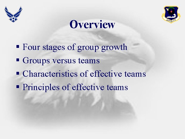 Overview § Four stages of group growth § Groups versus teams § Characteristics of