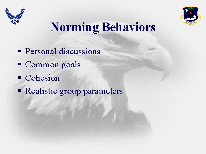 Norming Behaviors § § Personal discussions Common goals Cohesion Realistic group parameters 