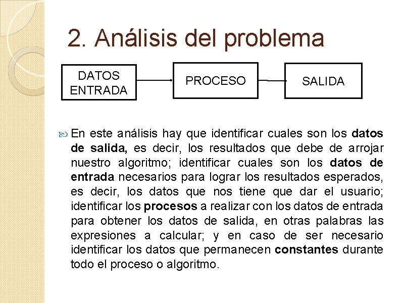 2. Análisis del problema DATOS ENTRADA En PROCESO SALIDA este análisis hay que identificar