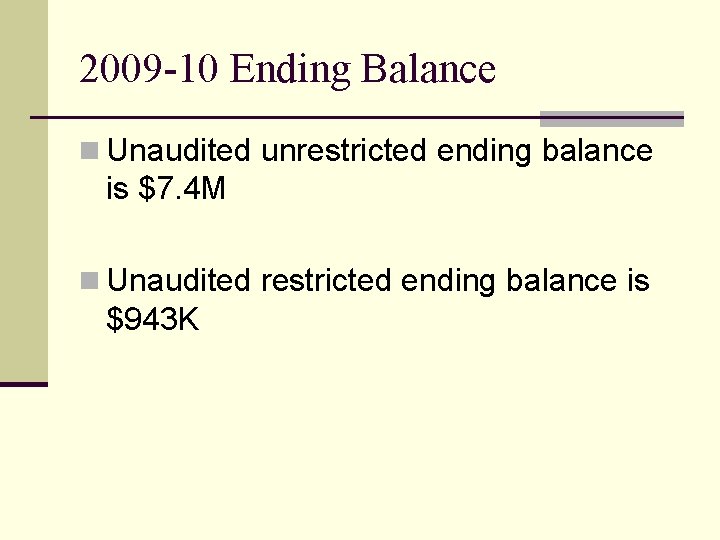 2009 -10 Ending Balance n Unaudited unrestricted ending balance is $7. 4 M n