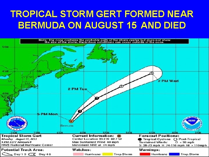 TROPICAL STORM GERT FORMED NEAR BERMUDA ON AUGUST 15 AND DIED 