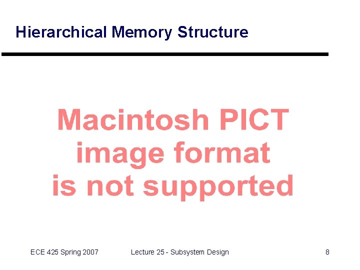 Hierarchical Memory Structure ECE 425 Spring 2007 Lecture 25 - Subsystem Design 8 