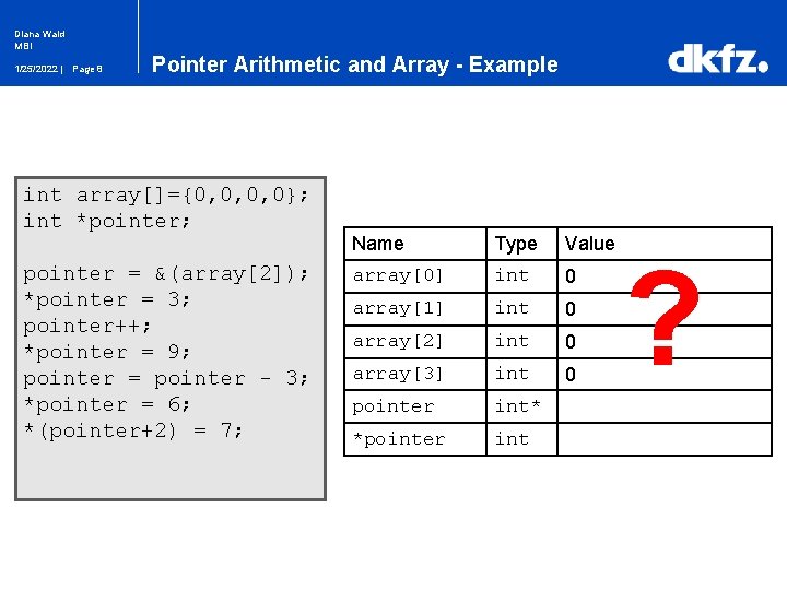 Diana Wald MBI 1/25/2022 | Page 8 Pointer Arithmetic and Array - Example int
