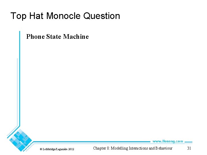 Top Hat Monocle Question Phone State Machine © Lethbridge/Laganière 2012 Chapter 8: Modelling Interactions Top Hat Monocle Question Phone State Machine © Lethbridge/Laganière 2012 Chapter 8: Modelling Interactions