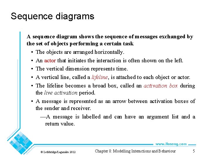 Sequence diagrams A sequence diagram shows the sequence of messages exchanged by the set Sequence diagrams A sequence diagram shows the sequence of messages exchanged by the set