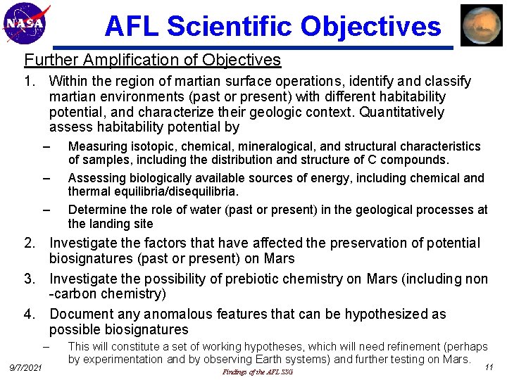 AFL Scientific Objectives Further Amplification of Objectives 1. Within the region of martian surface