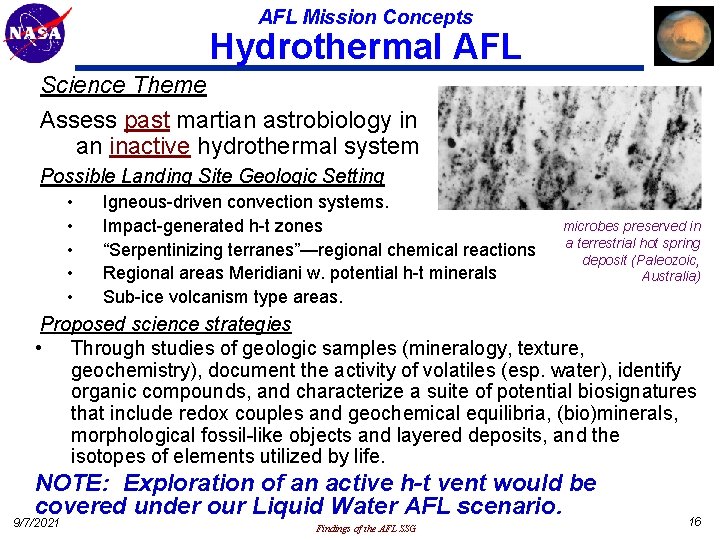 AFL Mission Concepts Hydrothermal AFL Science Theme Assess past martian astrobiology in an inactive