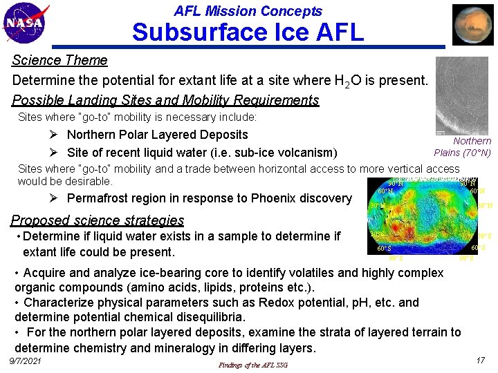 AFL Mission Concepts Subsurface Ice AFL Science Theme Determine the potential for extant life