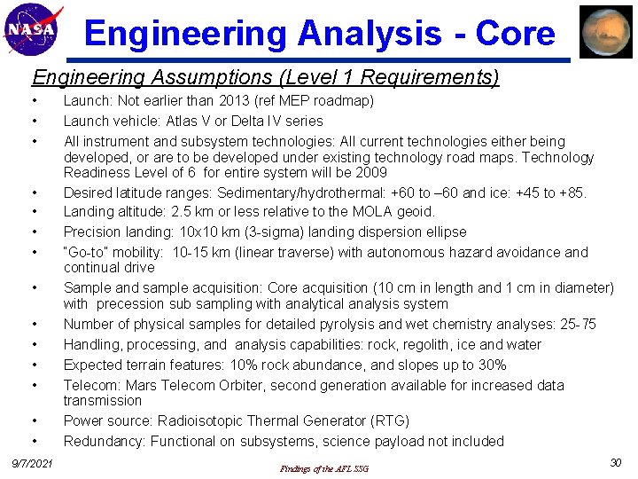 Engineering Analysis - Core Engineering Assumptions (Level 1 Requirements) • • • • 9/7/2021
