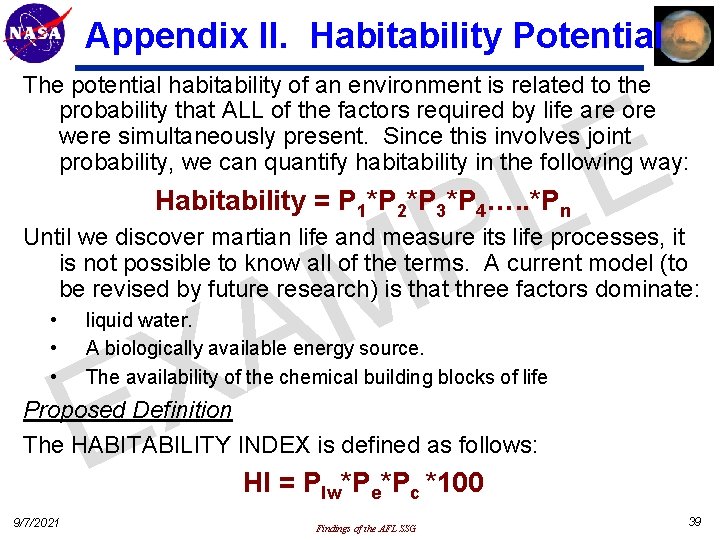 Appendix II. Habitability Potential The potential habitability of an environment is related to the