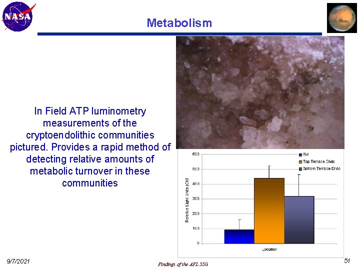 Metabolism In Field ATP luminometry measurements of the cryptoendolithic communities pictured. Provides a rapid