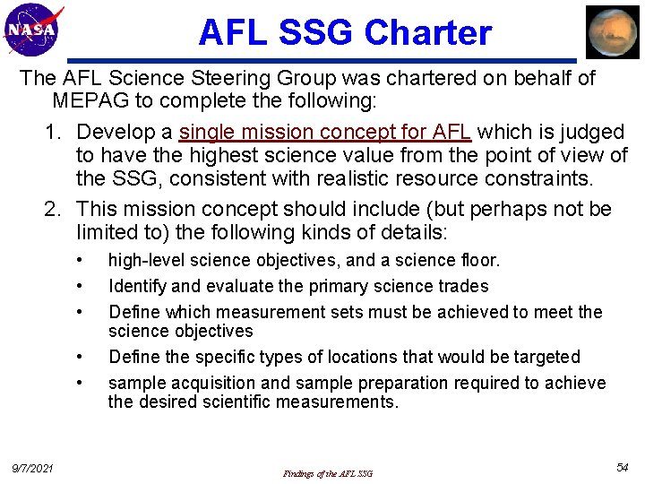 AFL SSG Charter The AFL Science Steering Group was chartered on behalf of MEPAG