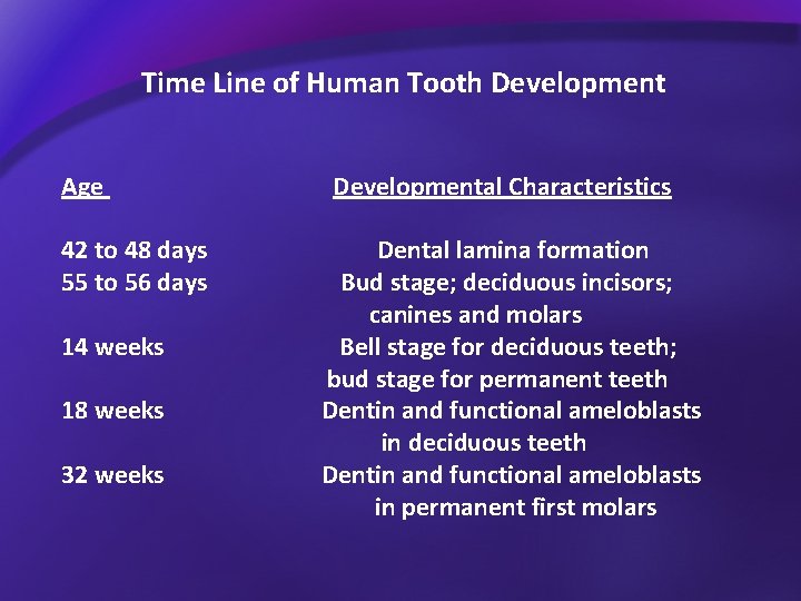 Time Line of Human Tooth Development Age 42 to 48 days 55 to 56
