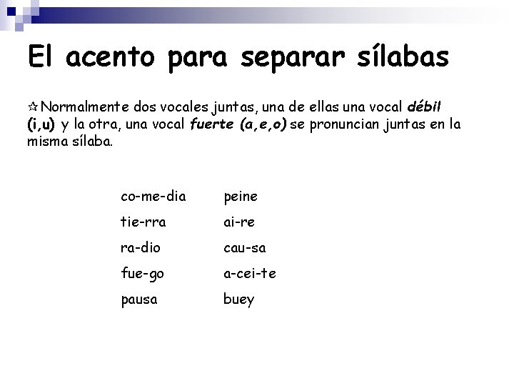 El acento para separar sílabas Normalmente dos vocales juntas, una de ellas una vocal