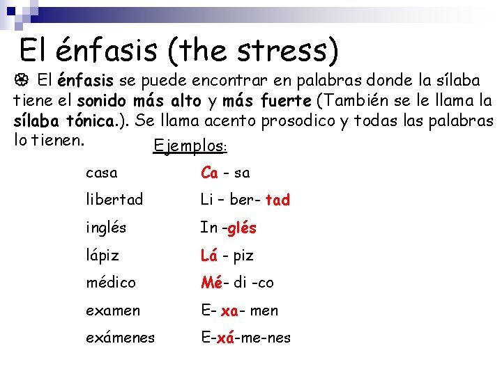 El énfasis (the stress) El énfasis se puede encontrar en palabras donde la sílaba