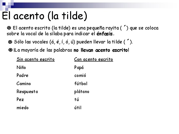 El acento (la tilde) El acento escrito (la tilde) es una pequeña rayita (