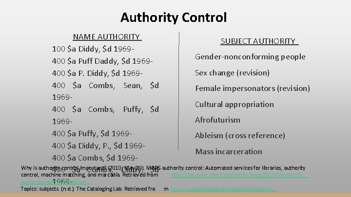 Authority Control NAME AUTHORITY SUBJECT AUTHORITY 100 $a Diddy, $d 1969 Gender-nonconforming people 400