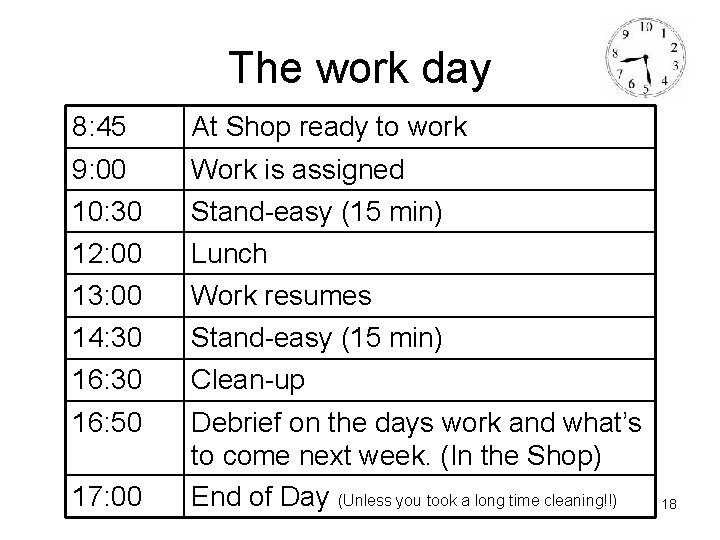 The work day 8: 45 At Shop ready to work 9: 00 10: 30