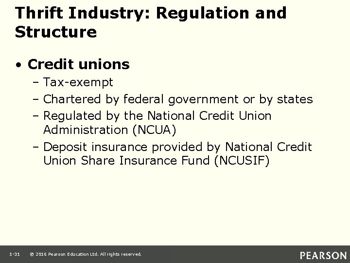 Thrift Industry: Regulation and Structure • Credit unions – Tax-exempt – Chartered by federal