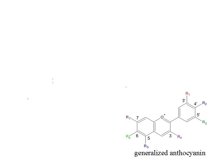 cyanidin (reddish blue) pelargonin (red) delphinidin (blue) generalized anthocyanin 