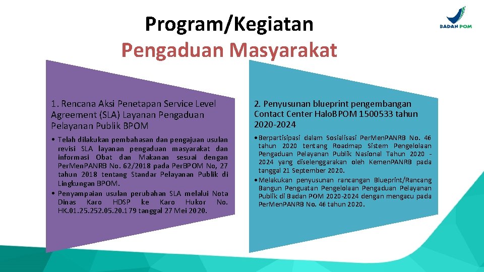 Program/Kegiatan Pengaduan Masyarakat 1. Rencana Aksi Penetapan Service Level Agreement (SLA) Layanan Pengaduan Pelayanan