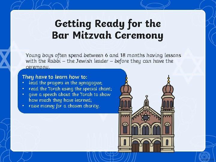 Getting Ready for the Bar Mitzvah Ceremony Young boys often spend between 6 and