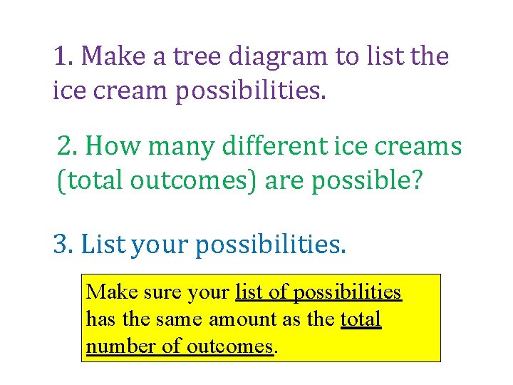 1. Make a tree diagram to list the ice cream possibilities. 2. How many