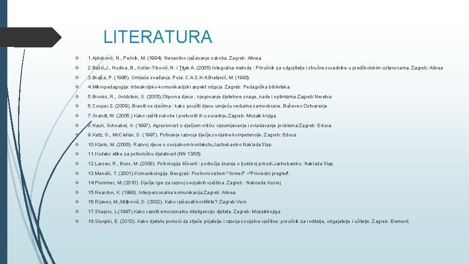 LITERATURA 1. Ajduković, N. , Peĉnik, M. (1994). Nenasilno rješavanje sukoba. Zagreb: Alinea. 2.