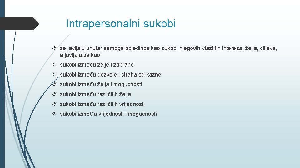 Intrapersonalni sukobi se javljaju unutar samoga pojedinca kao sukobi njegovih vlastitih interesa, želja, ciljeva,