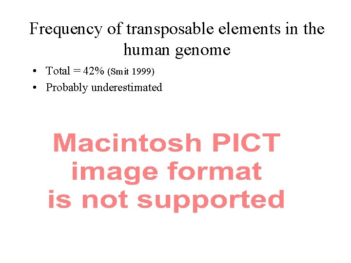 Frequency of transposable elements in the human genome • Total = 42% (Smit 1999)