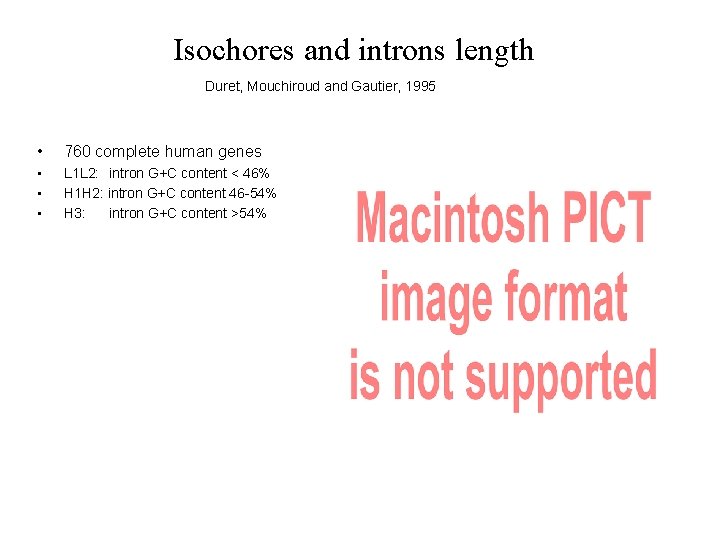Isochores and introns length Duret, Mouchiroud and Gautier, 1995 • 760 complete human genes
