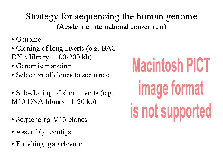 Strategy for sequencing the human genome (Academic international consortium) • Genome • Cloning of