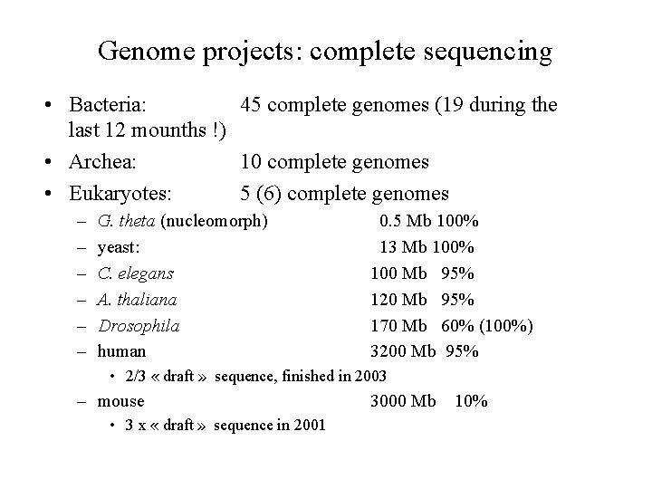 Genome projects: complete sequencing • Bacteria: 45 complete genomes (19 during the last 12