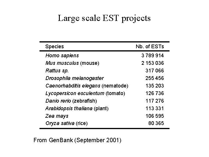 Large scale EST projects Species Homo sapiens Mus musculus (mouse) Rattus sp. Drosophila melanogaster