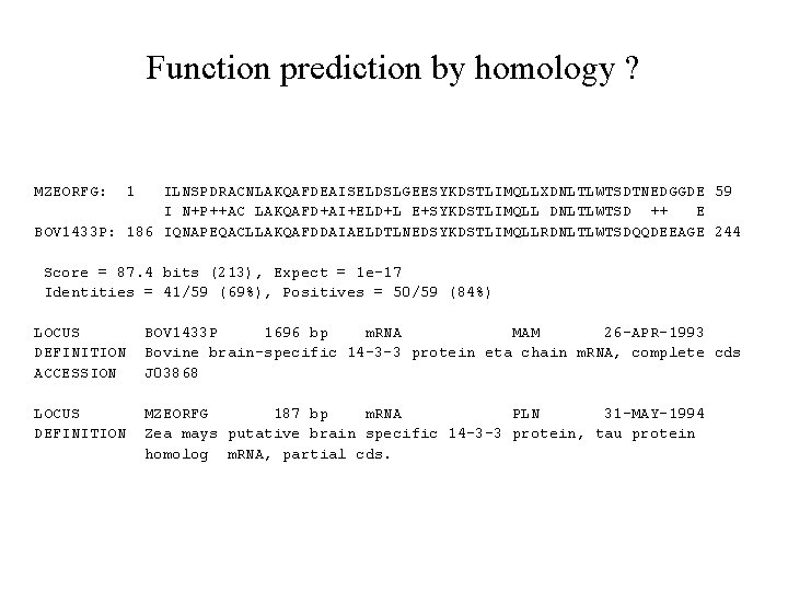 Function prediction by homology ? MZEORFG: 1 ILNSPDRACNLAKQAFDEAISELDSLGEESYKDSTLIMQLLXDNLTLWTSDTNEDGGDE 59 I N+P++AC LAKQAFD+AI+ELD+L E+SYKDSTLIMQLL DNLTLWTSD