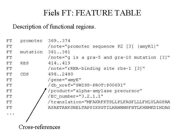 Fiels FT: FEATURE TABLE Description of functional regions. FT FT FT FT. . .