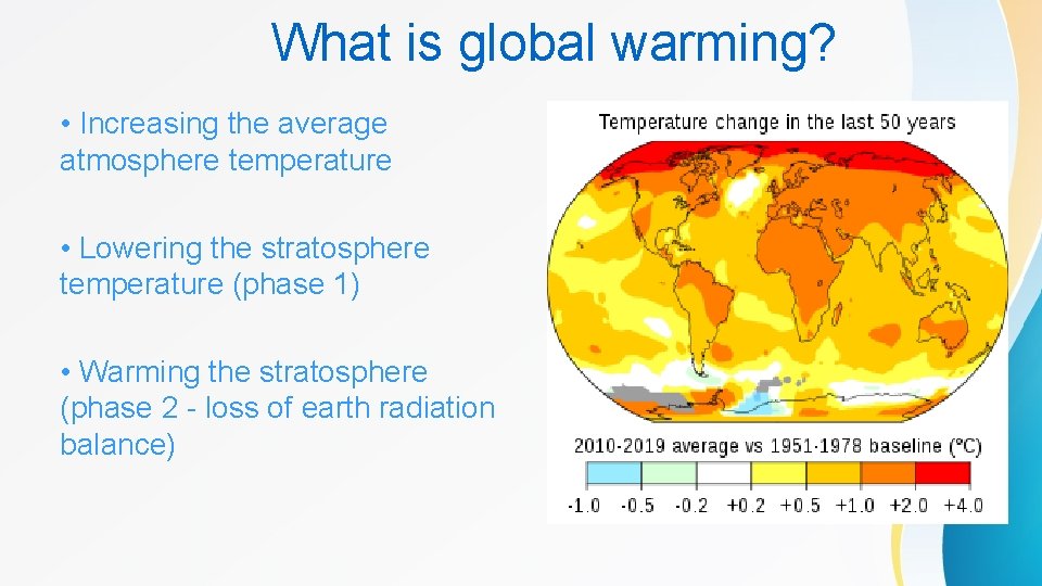 What is global warming? • Increasing the average atmosphere temperature • Lowering the stratosphere