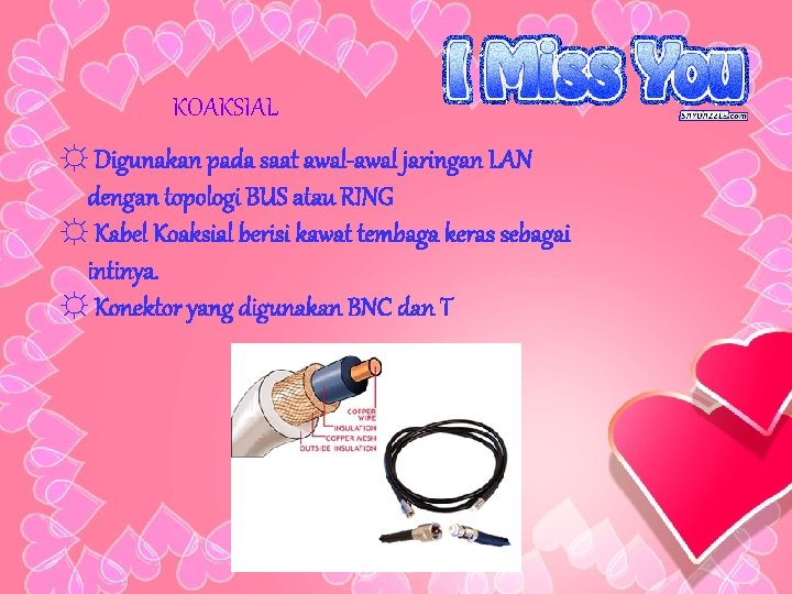 KOAKSIAL ☼ Digunakan pada saat awal-awal jaringan LAN dengan topologi BUS atau RING ☼