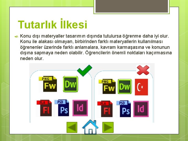 Tutarlık İlkesi Konu dışı materyaller tasarımın dışında tutulursa öğrenme daha iyi olur. Konu ile