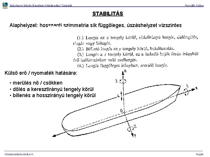 Széchenyi István Egyetem Közlekedési Tanszék Horváth Gábor STABILITÁS Alaphelyzet: hosszanti szimmetria sík függőleges, úszáshelyzet